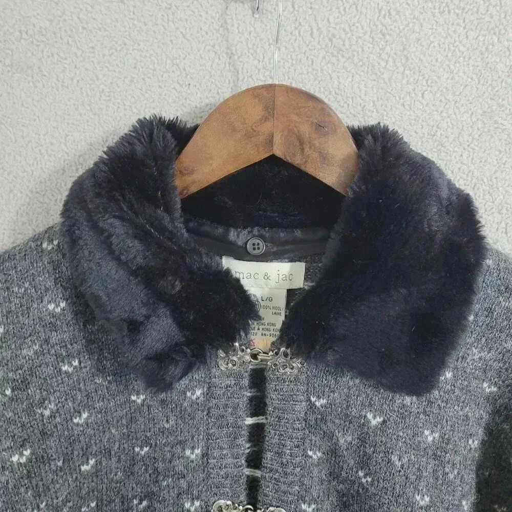 Vintage Mac & Jac Womens Wool Cardigan Jacket With Fur Collar  L - Picture 7 of 9